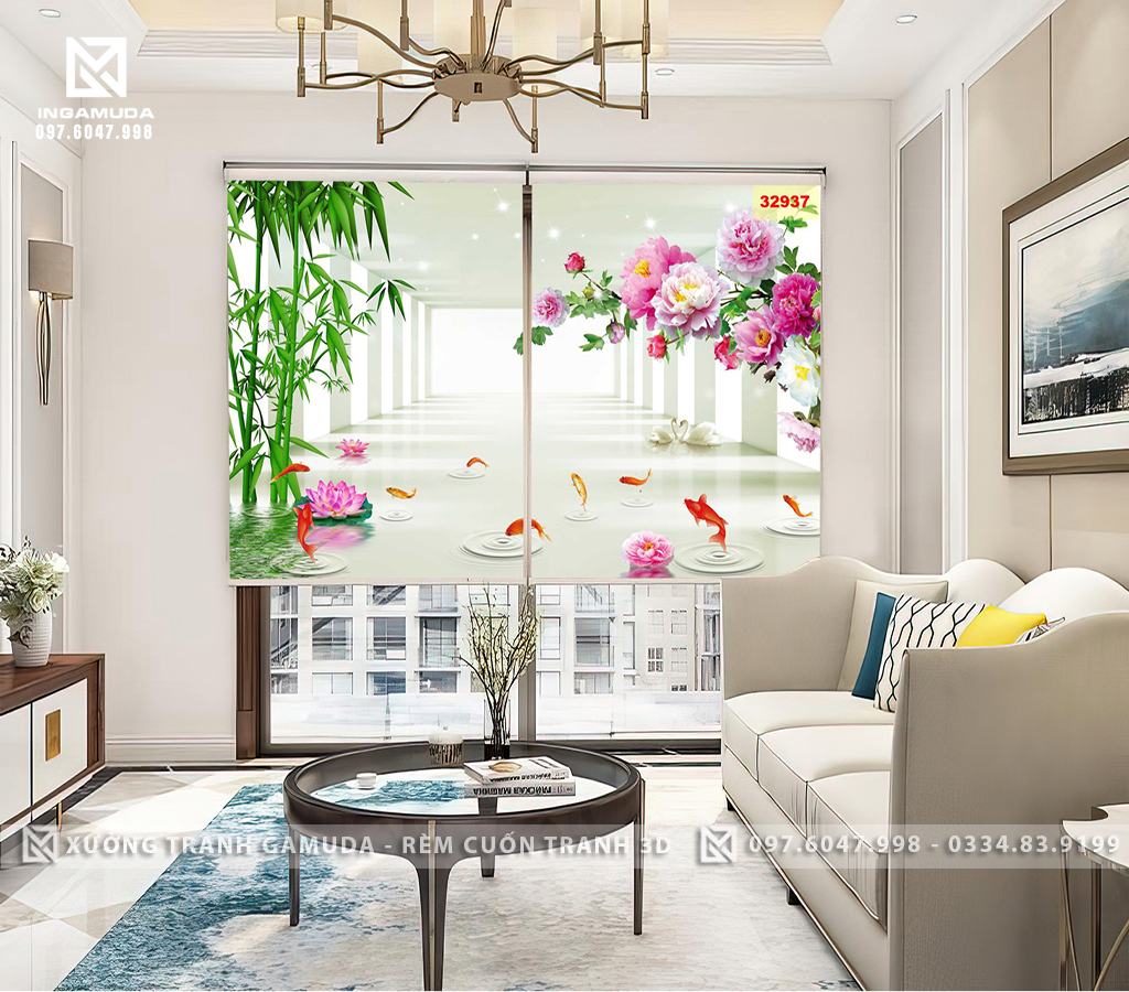 Rèm cuốn in tranh 3D hình ảnh chủ đề cá chép hoa sen cửu ngư quần hội rèm cản sáng cản nhiệt làm theo mọi kích thước yêu cầu tại xưởng rèm Gamuda