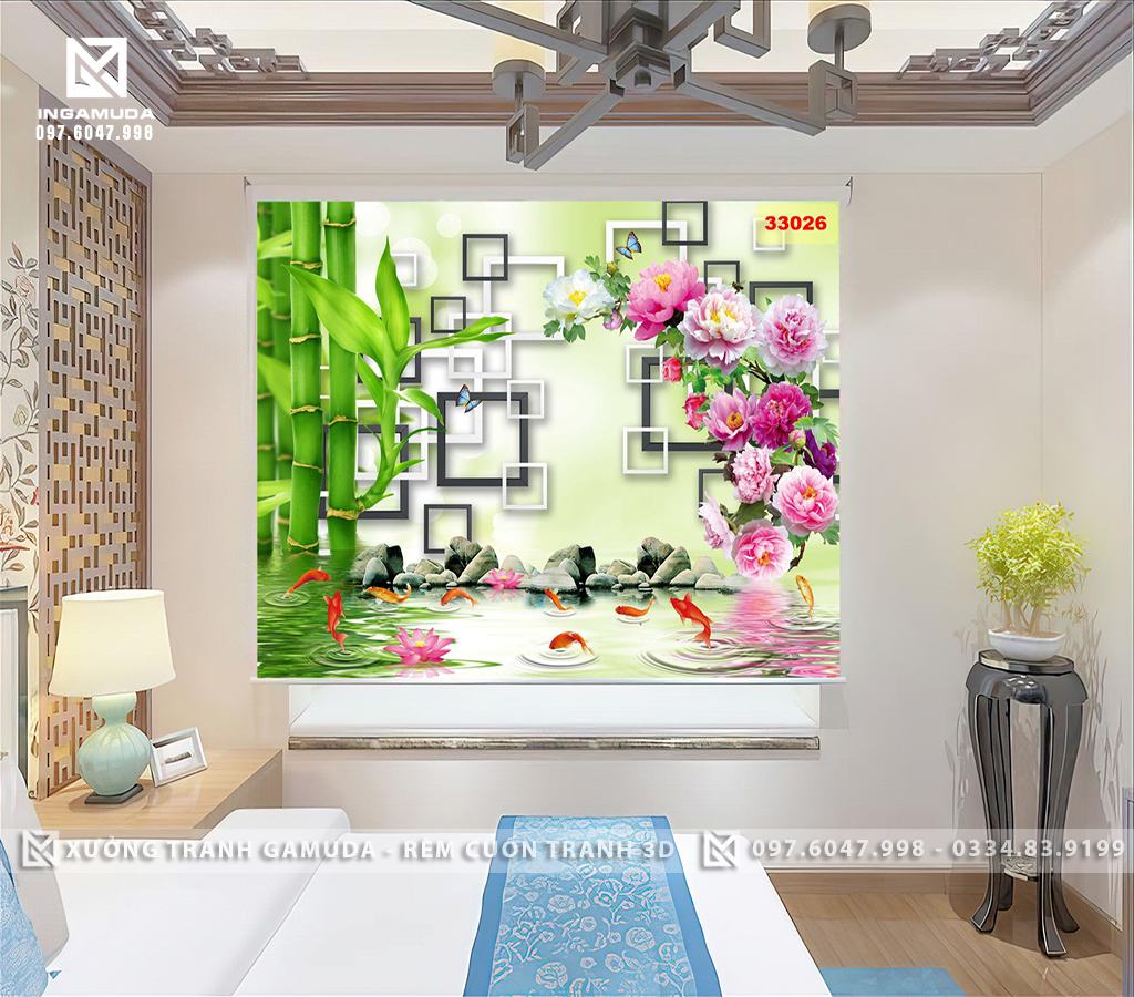Rèm cuốn in tranh 3D hình ảnh chủ đề cá chép hoa sen cửu ngư quần hội rèm cản sáng cản nhiệt làm theo mọi kích thước yêu cầu tại xưởng rèm Gamuda