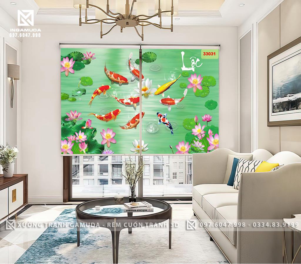 Rèm cuốn in tranh 3D hình ảnh chủ đề cá chép hoa sen cửu ngư quần hội rèm cản sáng cản nhiệt làm theo mọi kích thước yêu cầu tại xưởng rèm Gamuda