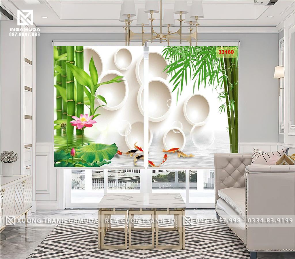 Rèm Cuốn Tranh 3D Cá Chép Hoa Sen Chủ Đề Mầu Xanh Ngọc Có Nhiều Mẫu Mã Đẹp In 3D Tại Xưởng Rèm Gamuda