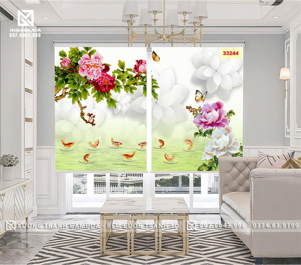 Rèm Cuốn Tranh 3D Cá Chép Hoa Sen Chủ Đề Mầu Xanh Ngọc Có Nhiều Mẫu Mã Đẹp In 3D Tại Xưởng Rèm Gamuda