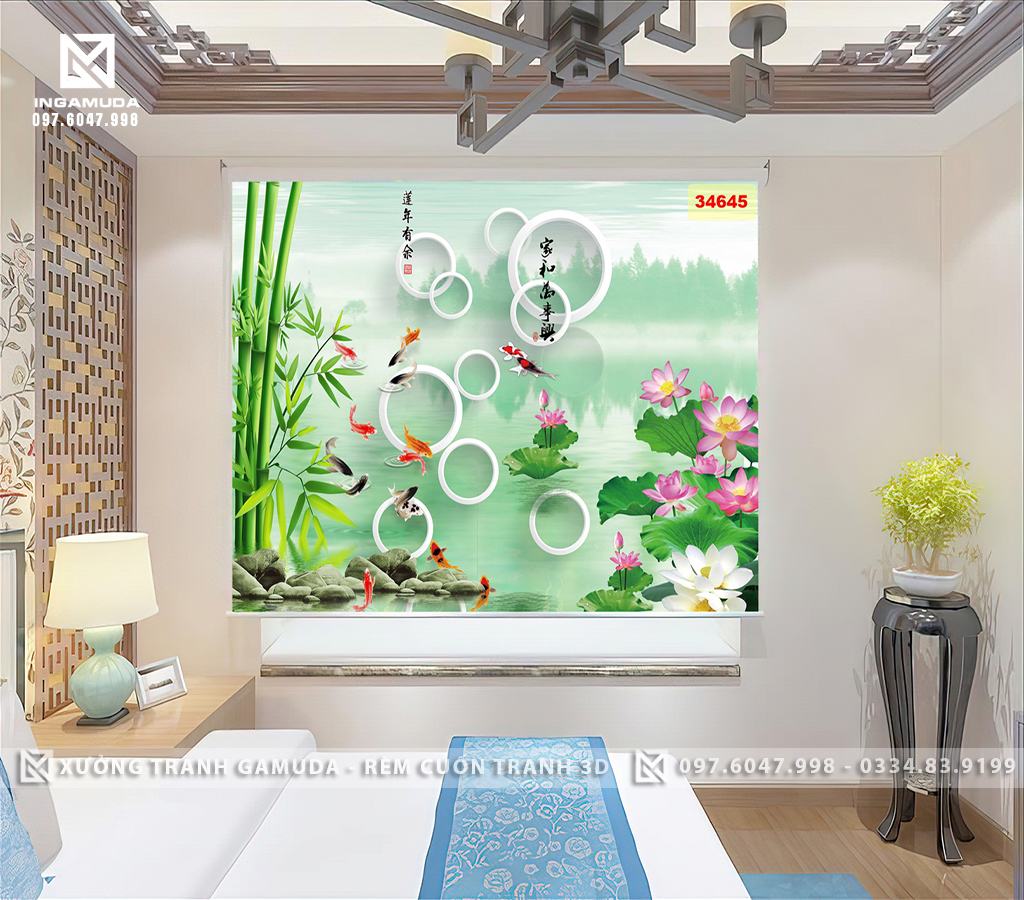 Rèm In 3D Tranh Hoa Sen Cá Chép Mẫu Mã Đẹp Nhất Tại Xưởng Gamuda