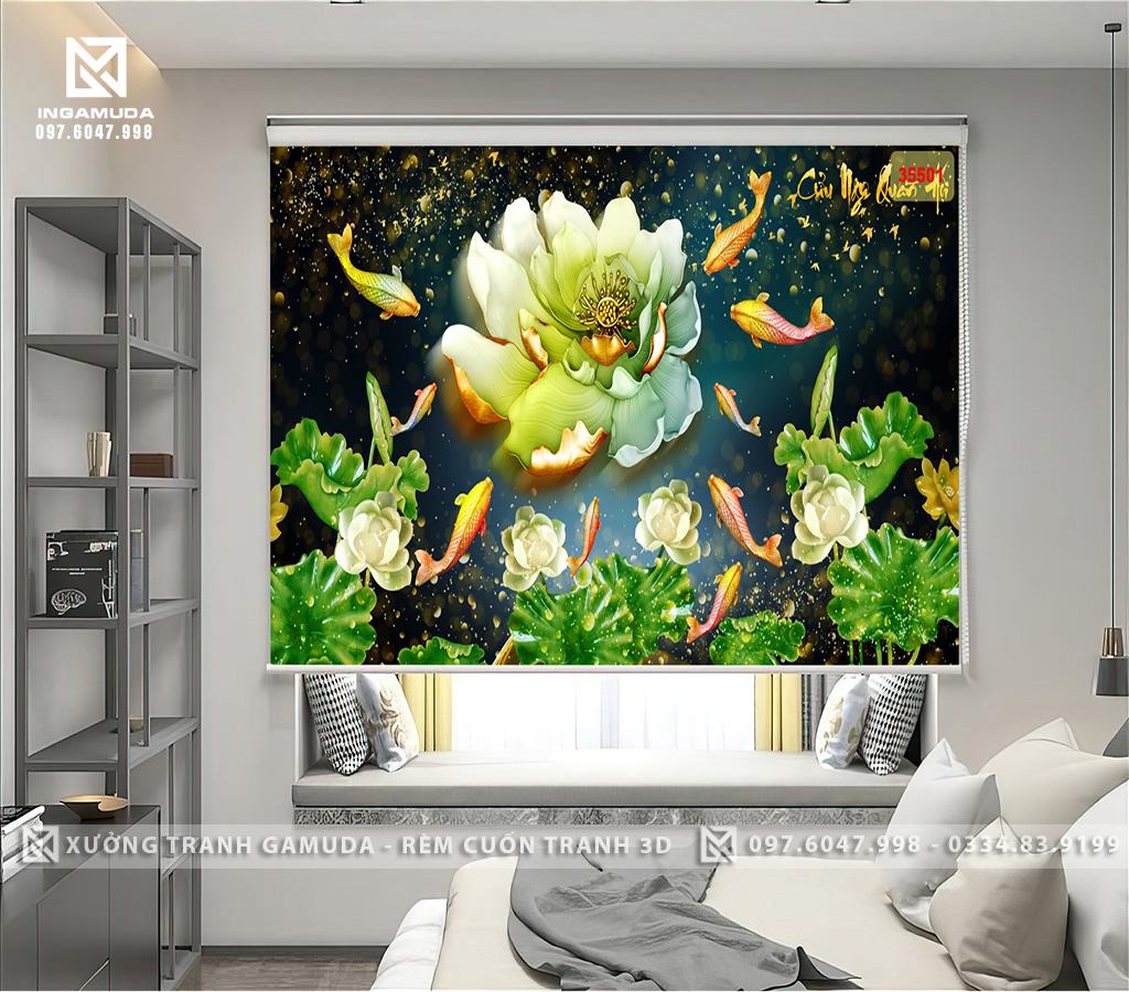 Rèm Cuốn In Tranh 3D Hiện Đại Cửu Ngư Hoa Sen Tài Lộc May Mắn Ấn Tượng