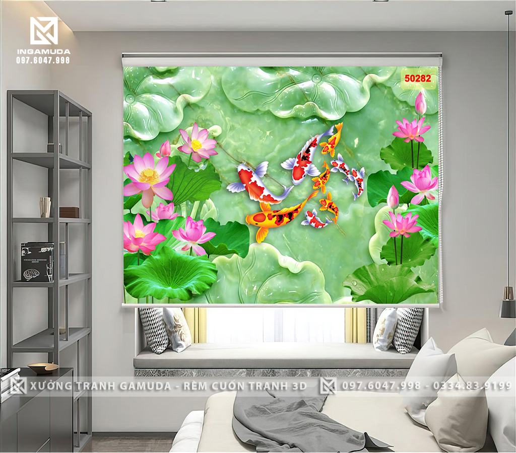Rèm in 3D nền ngọc cá chép hoa sen đẹp