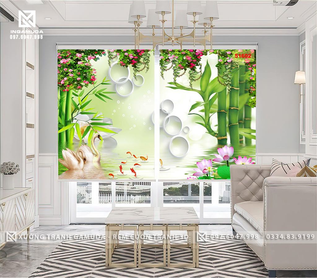 Rèm Cuốn Tranh 3D Xanh Ngọc Cá Chép Hoa Sen