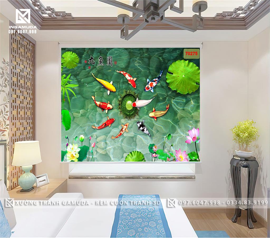 Rèm Cuốn Tranh 3D Cá Chép Hoa Sen Chủ Đề Mầu Xanh Ngọc Có Nhiều Mẫu Mã Đẹp In 3D Tại Xưởng Rèm Gamuda