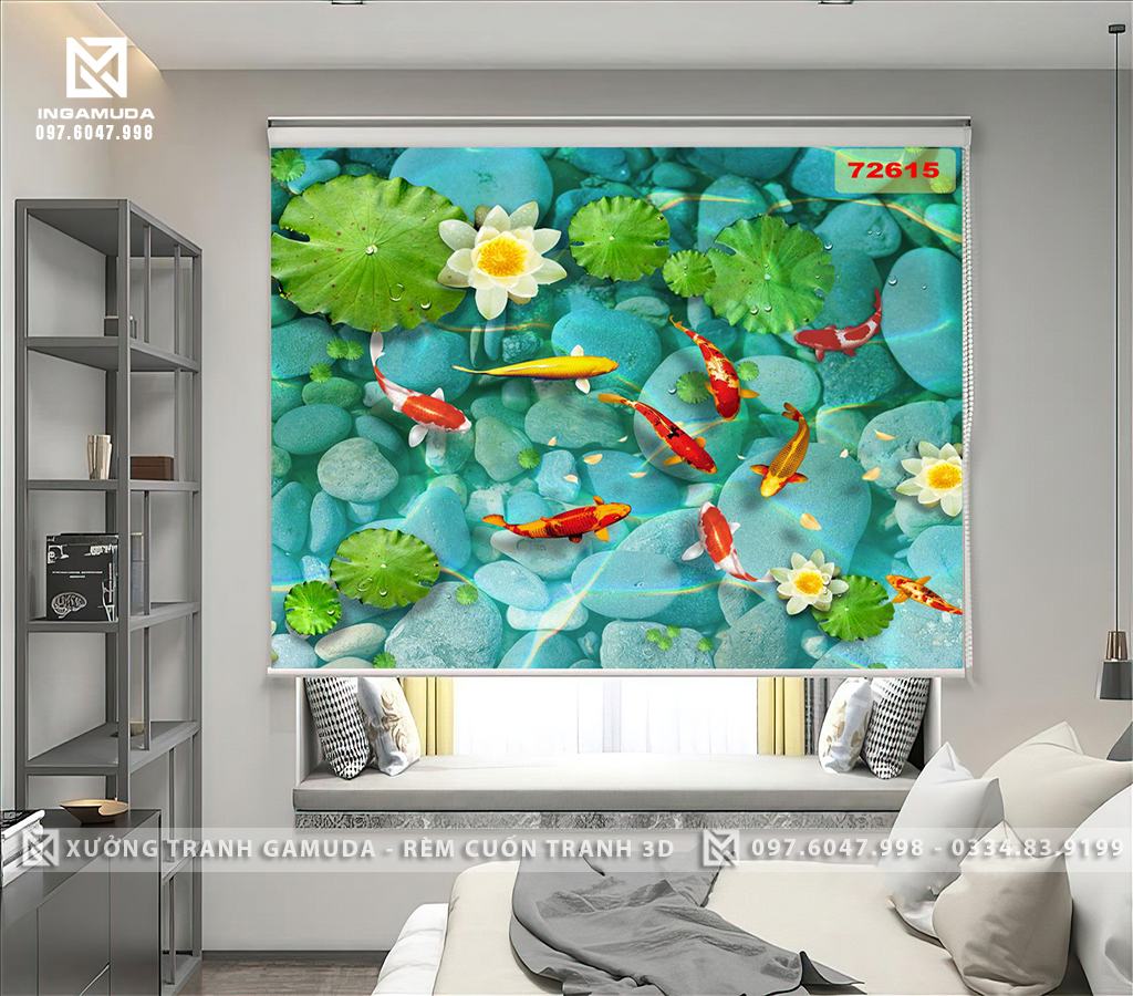 Các Mẫu Rèm Cuốn Tranh Chủ Đề Cá Chép Hoa Sen Màu Xanh Ngọc Đẹp Nhất