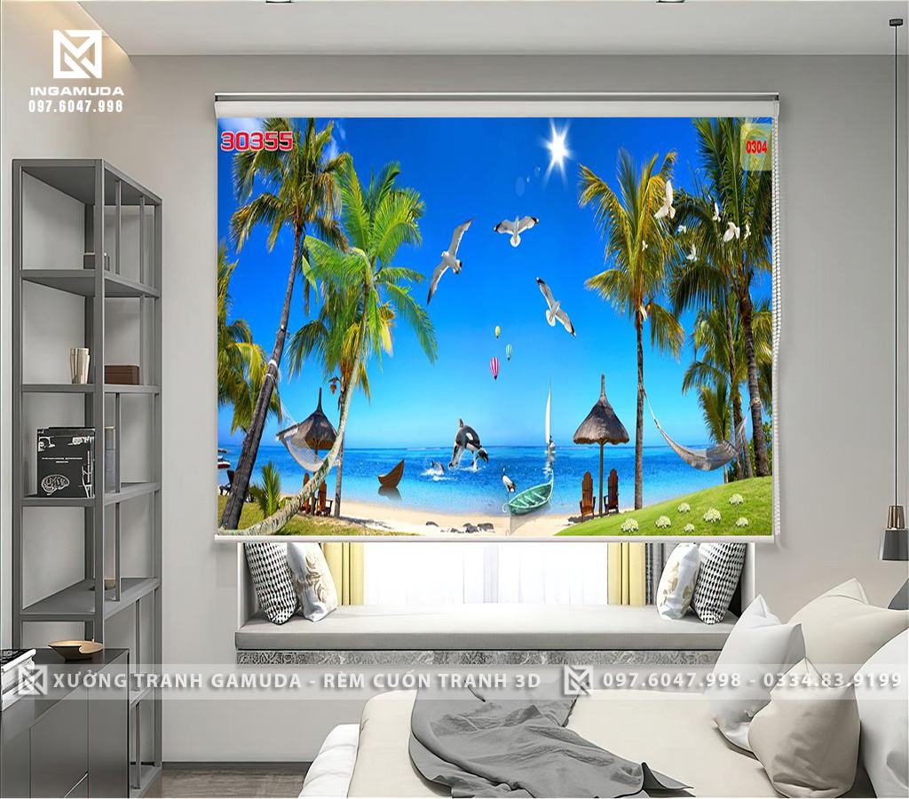 Rèm Cuốn Tranh 3D In Hình Bầu Trời Nơi Có Những Chú Chim Hải Âu Đang Bay Lượn Trên Bầu Trời Xa Xa Có Những Quả Khinh Khí Cầu Đang Lơ Lửng Trên Bầu Trời 