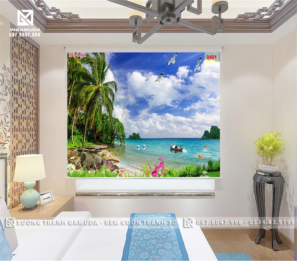 Rèm Cuốn Tranh 3D In Hình Bầu Trời Trong Xanh Ngoài Biển