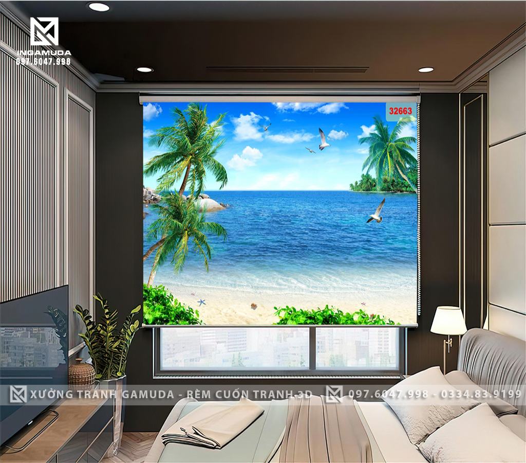 Rèm Tranh 3D In Hình Bầu Trời Trong Xanh Ngoài Biển Nơi Có Những Chú Hải Âu Đang Bay Lượn Trên Bầu Trời 