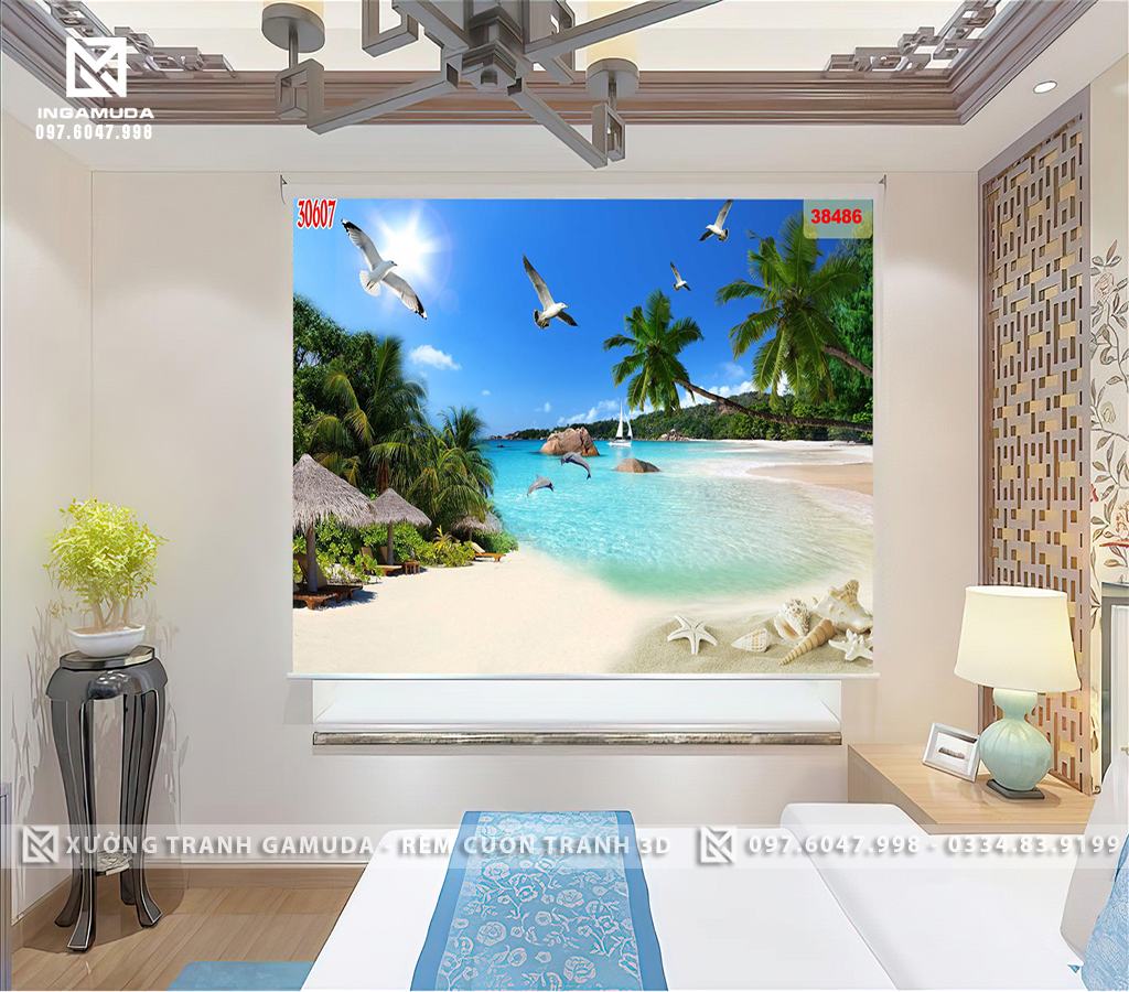Rèm Tranh 3D In Hình Bầu Trời Trong Xanh Ngoài Biển Nơi Có Những Chú Hải Âu Đang Bay Lượn Trên Bầu Trời - Xưởng Rèm Cuốn Tranh 3D Gamuda 