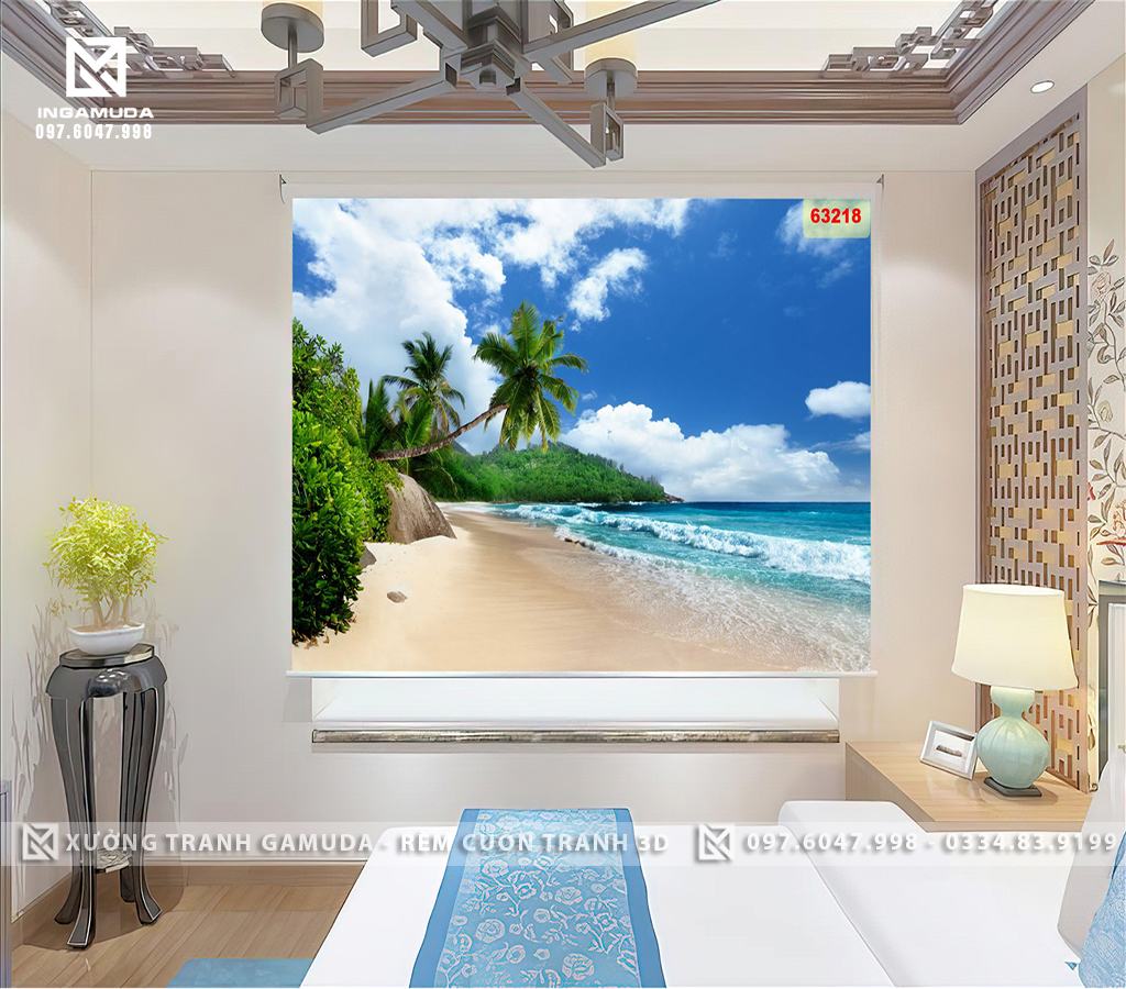 Rèm Cuốn Tranh 3D In Hình Bầu Trời Trong Xanh Bên Dưới Là Những Cơn Sóng Biển Thi Nhau Đánh Vào Bờ Biển 