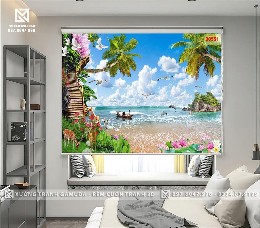 Rèm Cuốn Tranh 3D In Con Thuyền Cây Dừa Hoa Lá Sắc Màu Trên Nền Biển Xanh