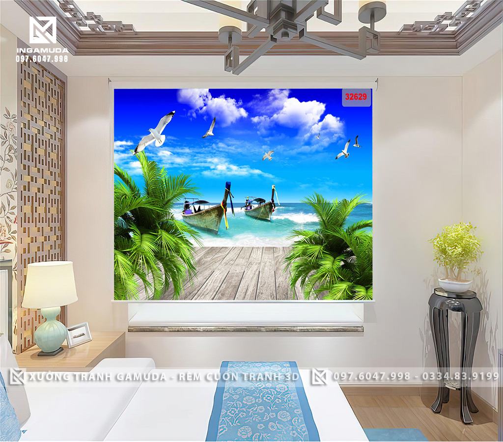 Những lợi ích khi sử dụng rèm cuốn tranh 3D in hình cảnh thuyền