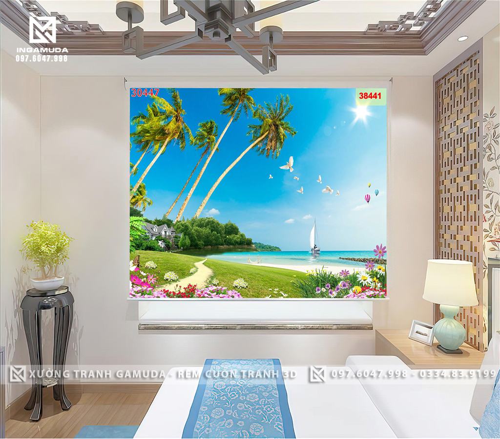 Rèm Cuốn Tranh In 3D Thuyền Ra Khơi Cùng Cảnh Đẹp Thiên Nhiên Tuyệt Vời Trên Nền Sáng