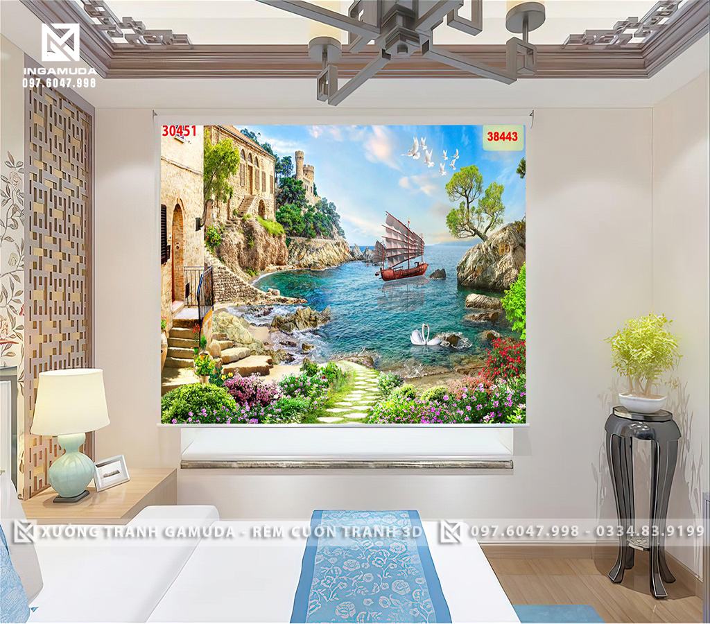 Rèm Cuốn Tranh In 3D Con Thuyền Cùng Ngôi Nhà Châu Âu Sang Trọng Trên Nền Thiên Nhiên Xanh Yên Bình