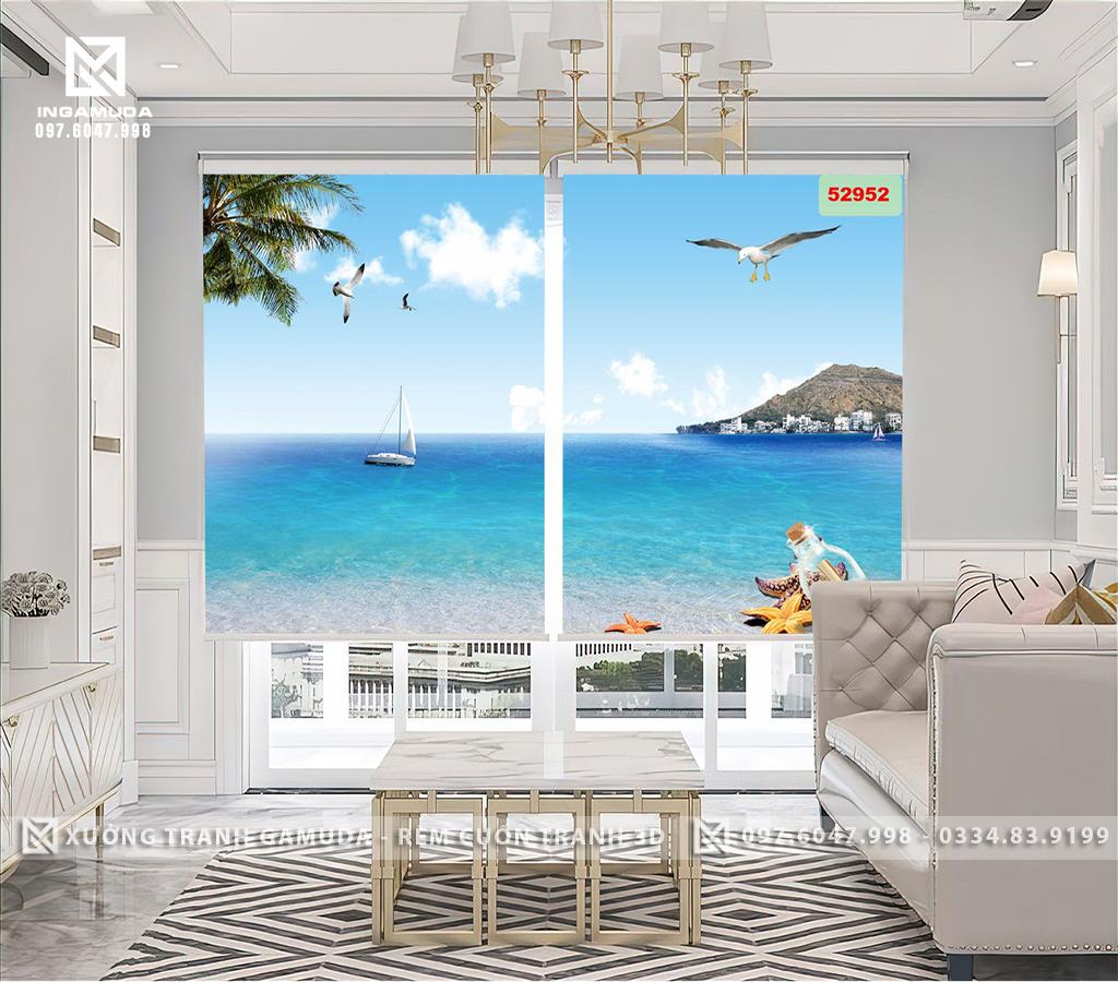 Rèm Cuốn Tranh 3D In Hình Con thuyền Hải Âu Sao Biển Trên Nền Xanh Sáng Tạo Sự Yên Bình