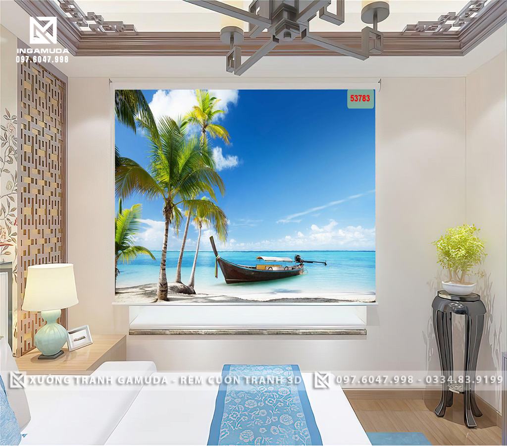 Rèm Cuốn Tranh 3D In Con Thuyền Cây Dừa Trên Biển Xanh Cát Trắng Tại Xưởng In Gamuda