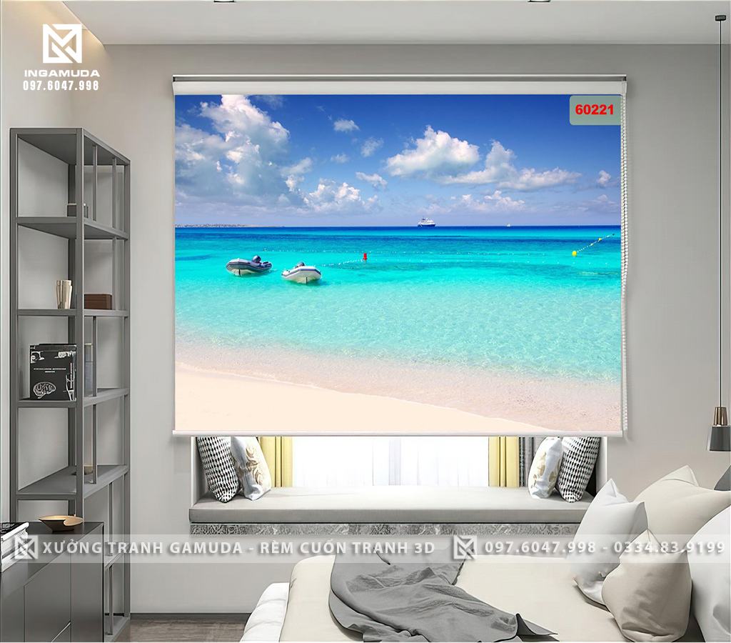 Rèm Cuốn Tranh 3D In Thuyền Và Biển Vào Buổi Sáng Yên Bình 