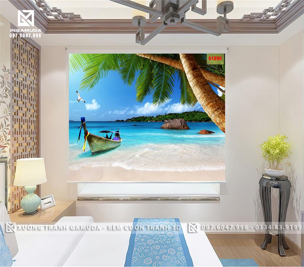 Rèm Cuốn Tranh 3D In Thuyền Hải Âu Cây Dừa Và Biển