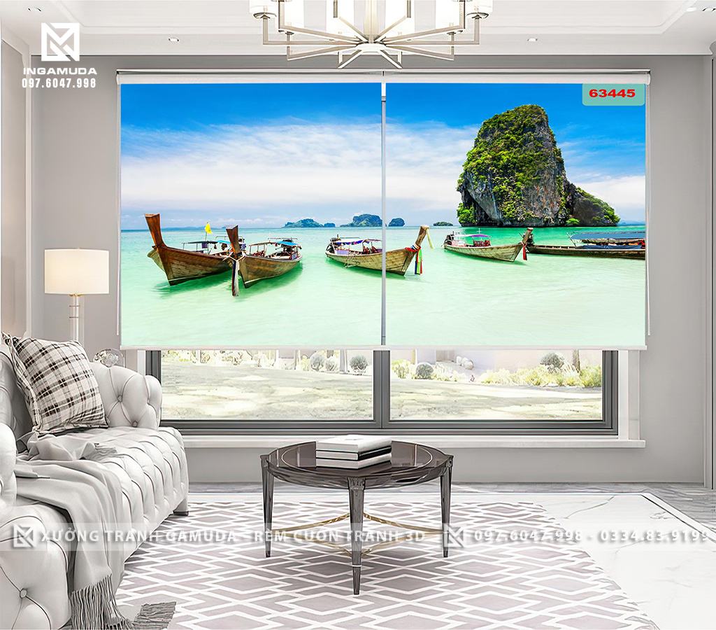 Rèm Cuốn Tranh 3D In Hình Con Thuyền Cùng Với Đảo Xanh Tại Xưởng In Gamuda
