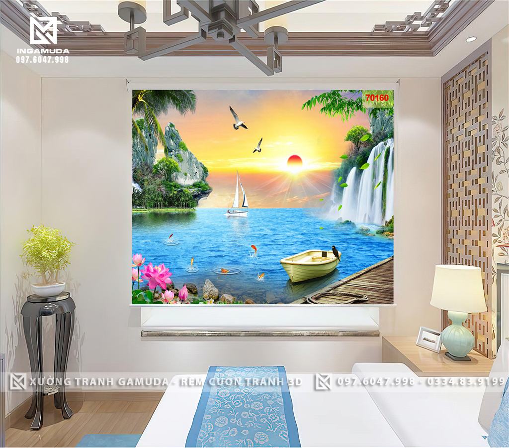 Rèm Cuốn Tranh In Hoàng Hôn Với Cảnh Sắc Thiên Nhiên Thuyền Hải Âu Hoa Và Cá