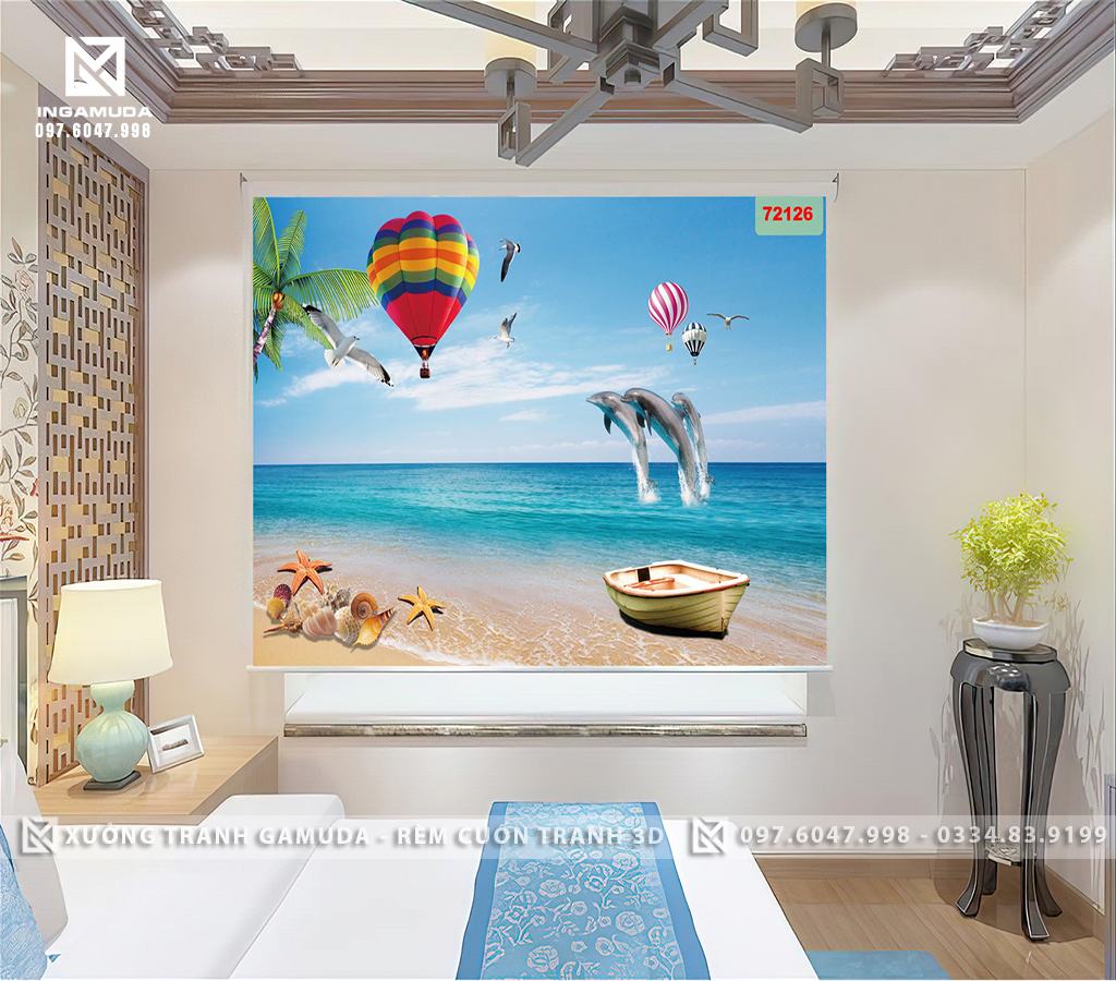 Rèm Cuốn Tranh 3D In Đôi Cá Heo Thuyền Cùng Khinh Khí Cầu Trên Nền Xanh Của Biển Tạo Sự Bình Yên