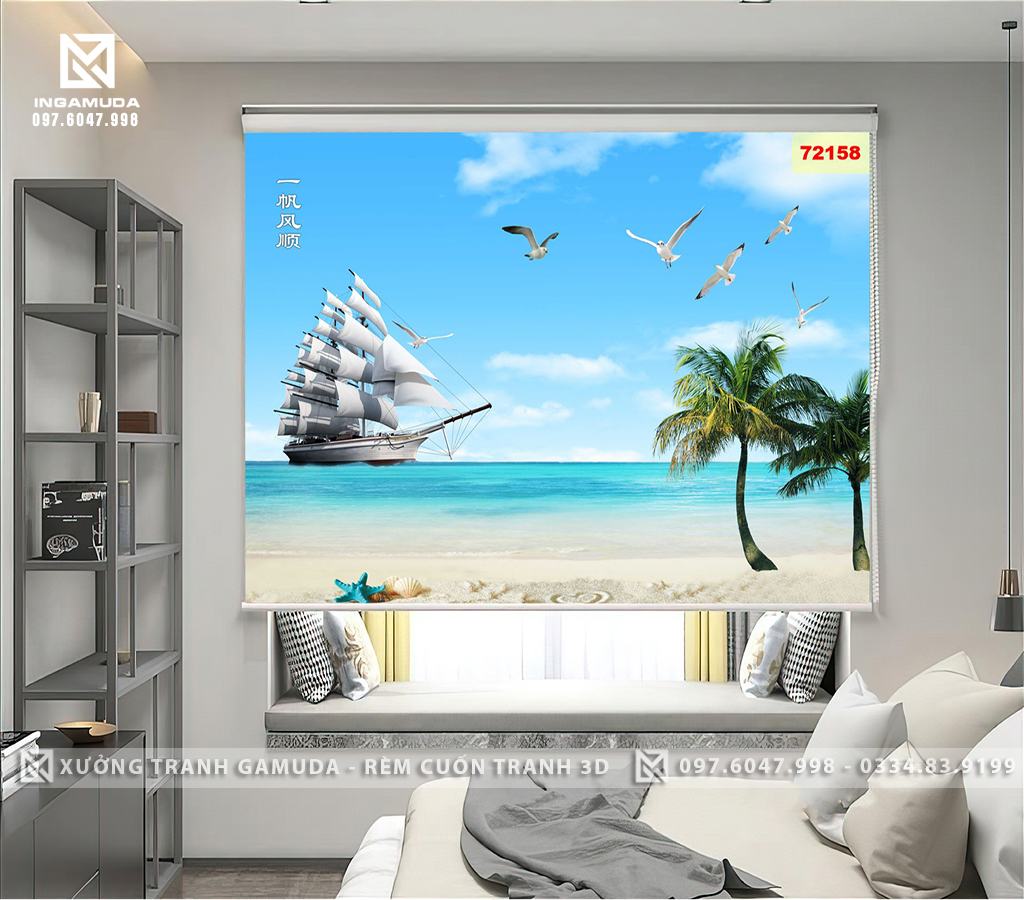 Rèm Cuốn Tranh 3D In Hình Cảnh Thuyền