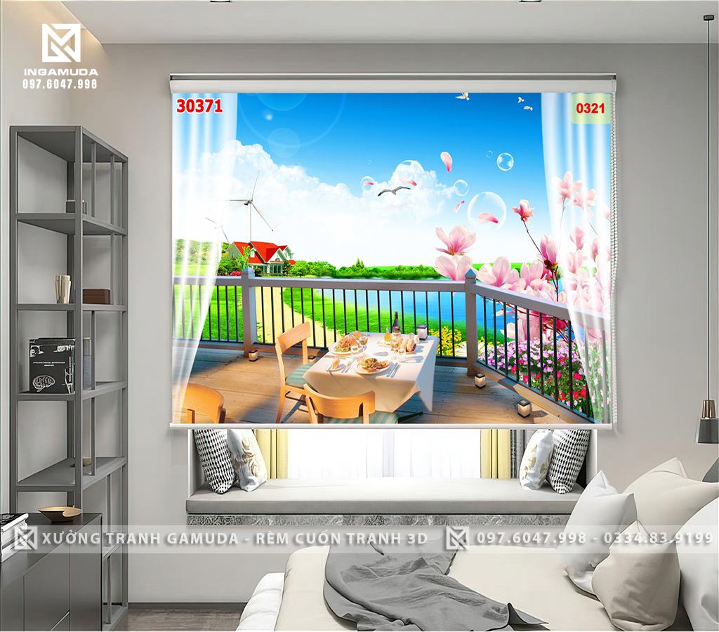 Rèm Cửa 3D In Hình Ảnh Cửa Sổ Hướng Kết Hợp In Với Rèm Voan 3D Hướng Ra Ngoài Biển Trong Xanh Có Những Cánh Hoa Đào , Chú Hải Âu Đang Bay Trong Nắng 