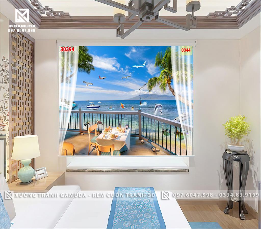 Hướng dẫn lựa chọn sản phẩm rèm cuốn tranh 3D in hình cửa sổ về cảnh biển kết hợp với rèm voan 3D.