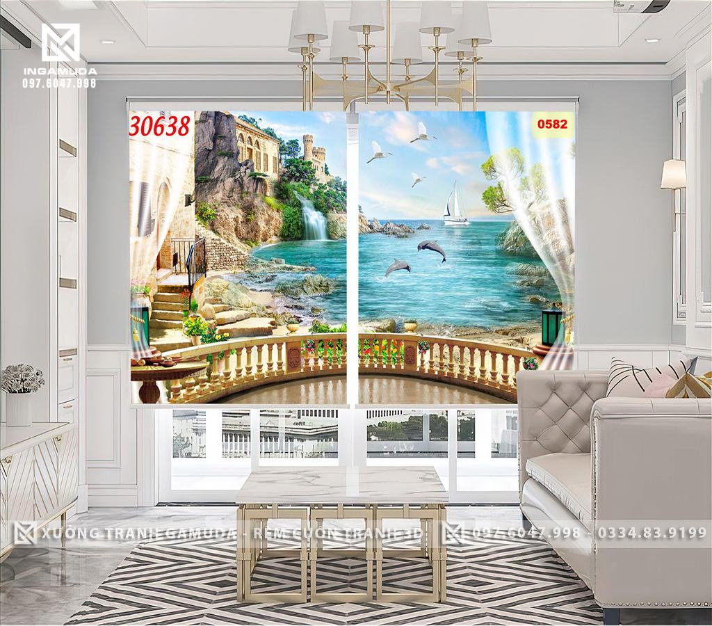 Rèm Cuốn Tranh 3D In Hình Cửa Sổ Hướng Ra Biển Bên Tay Trái Là Những Tòa Lâu Đài Và Chính Giữa Là Nơi Có Hai Chú Cá Heo Đang Nhảy Lên Mặt Nước Xa Xa Là Con Thuyền Màu Trắng 
