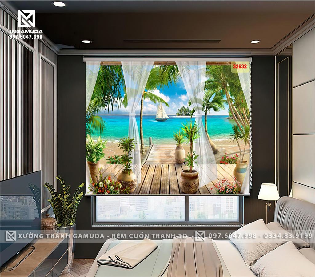 Rèm Cuốn Tranh 3D Phong Cảnh Cửa Sổ Hướng Ra Biển Kết Hợp Với In Rèm Voan 3D