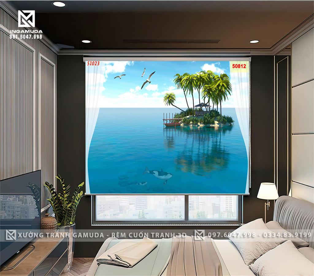 Rèm Tranh Cuốn In Cửa Sổ Nhìn Ra Ngoài Biển Khơi Kết Hợp In Rèm Voan 3D