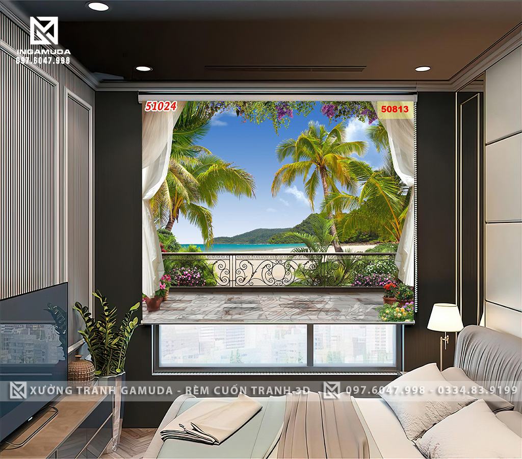 Rèm Cuốn 3D In Cửa Sổ Hai Bên Có Hàng Cây Dừa Và Xa Xa Là Bãi Biển Trong Xanh Kết Hợp Vời In Rèm Voan 3D