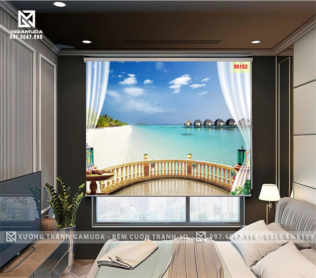 Rèm Cuốn Tranh 3D Cửa Sổ Ban Công Hướng Ra Bãi Biển Xanh Mát Kết Hợp In Rèm Voan 3D - Xưởng Rèm Cuốn Tranh Gamuda