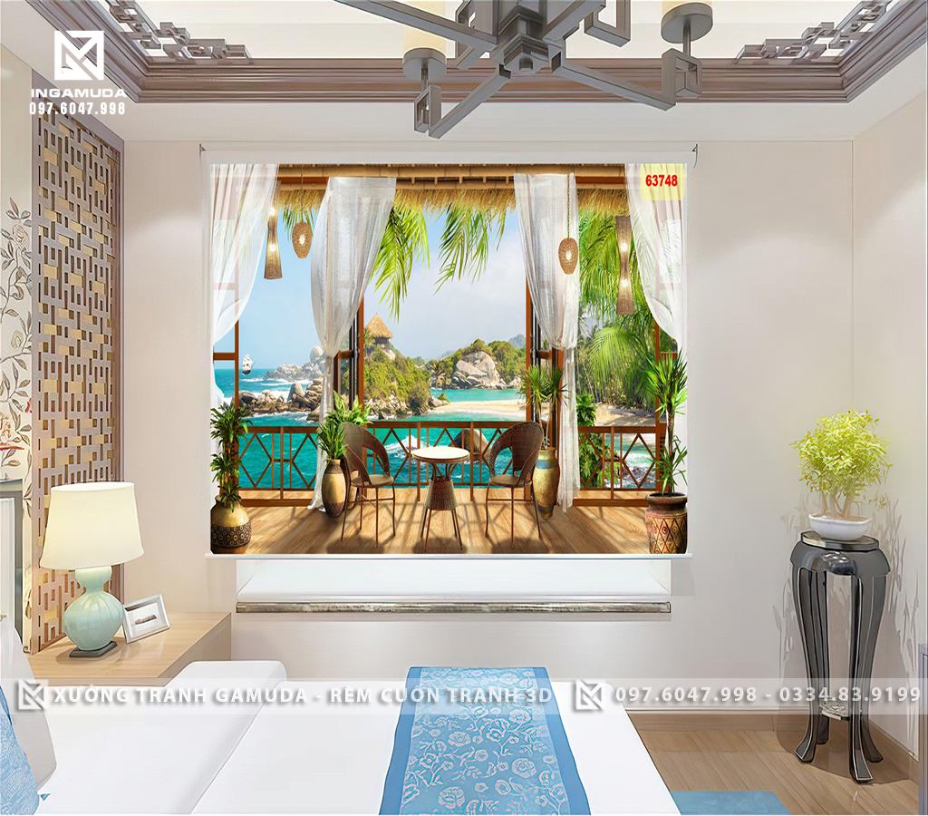 Rèm Cuốn Tranh 3D In Hình Cửa Sổ Về Cảnh Biển Kết Hợp- Sản Xuất Tại Xưởng Gamuda