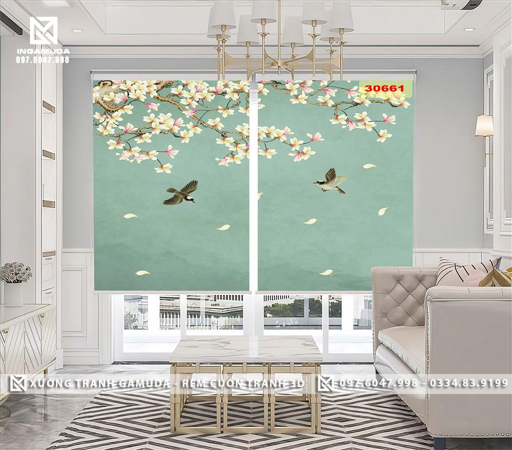 Rèm Tranh 3D In Họa Tiết Indochine Màu Xanh Cùng Hoa Và Chim- Rèm Cản Sáng Cản Nhiệt