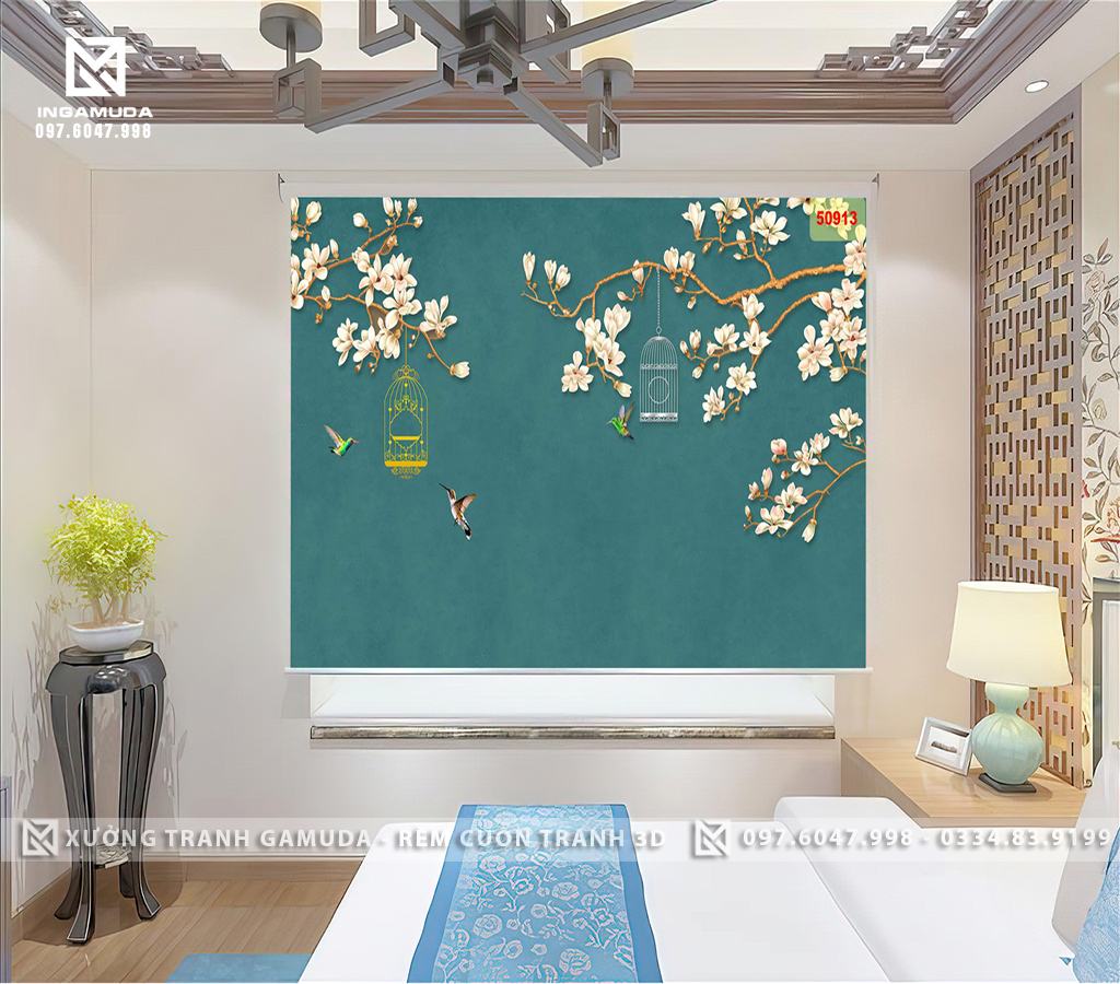 Rèm In Tranh Họa Tiết Indochine Hoa Giay Trắng Tạo Sự Thanh Khiết, Yên Bình