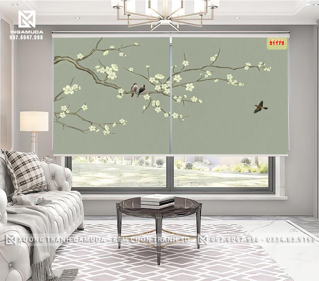 Rèm Cuốn Tranh 3D In Họa Tiết Chim Và Hoa Trên Gam Màu Xanh - Hàng Thiết Kế Theo Yêu Cầu