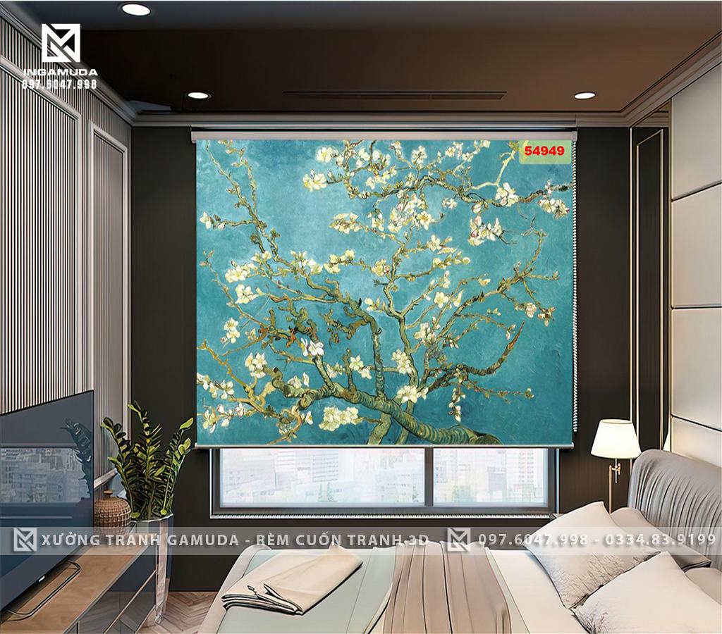 Rèm In Tranh 3D Họa Tiết Hoa Trên Gam Màu Tối Tạo Sự Yên Bình Cho Bức Tranh