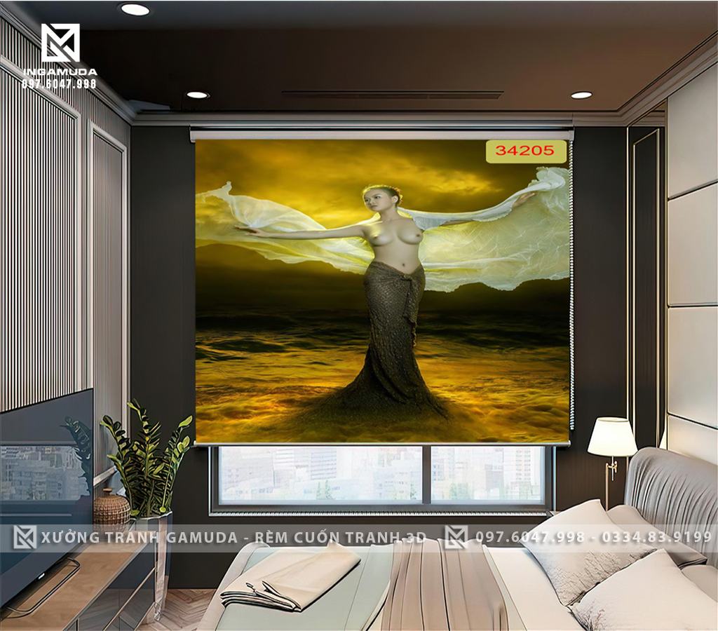 Rèm cuốn tranh 3D hình cô gái gợi cảm với các đường cong mềm mại quyến rũ nghệ thuật tranh rèm cuốn cho khách sạn sản xuất tại xưởng rèm gamuda tranh rèm cuốn khỏa thân cô gái đẹp thả rông bên bờ biển với bầu nhũ hoa căng đẹp