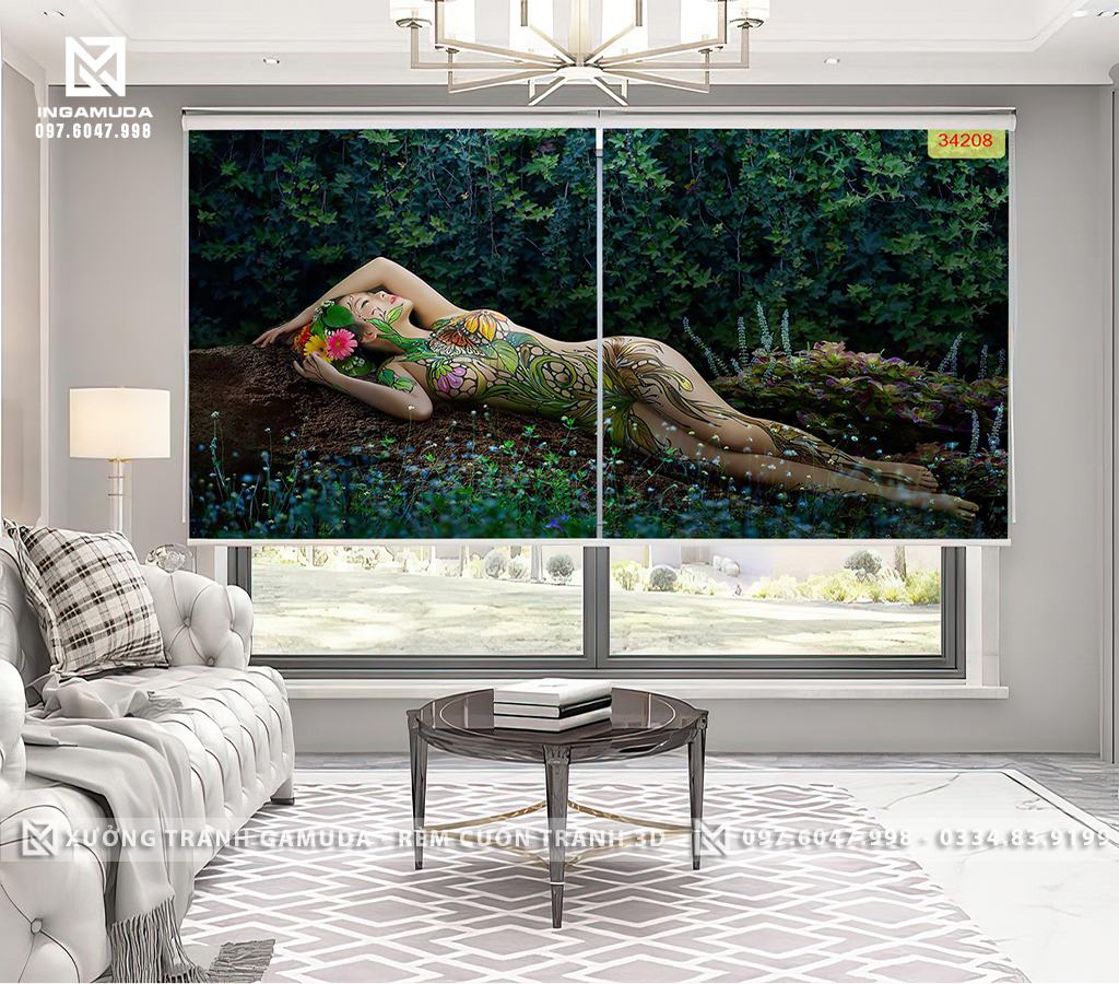 Rèm cuốn tranh 3D hình cô gái gợi cảm với các đường cong mềm mại quyến rũ nghệ thuật tranh rèm cuốn cho khách sạn sản xuất tại xưởng rèm gamuda tranh rèm cuốn khỏa thân cô gái đẹp hoang dã body art nghệ thuật