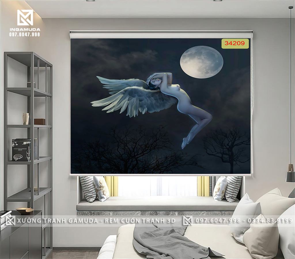 Rèm cuốn tranh 3D hình cô gái gợi cảm với các đường cong mềm mại quyến rũ nghệ thuật tranh rèm cuốn cho khách sạn sản xuất tại xưởng rèm gamuda tranh rèm cuốn khỏa thân cô gái đẹp bên ánh trăng