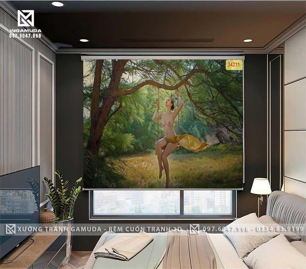 Rèm cuốn tranh 3D hình cô gái gợi cảm với các đường cong mềm mại quyến rũ nghệ thuật tranh rèm cuốn cho khách sạn sản xuất tại xưởng rèm gamuda