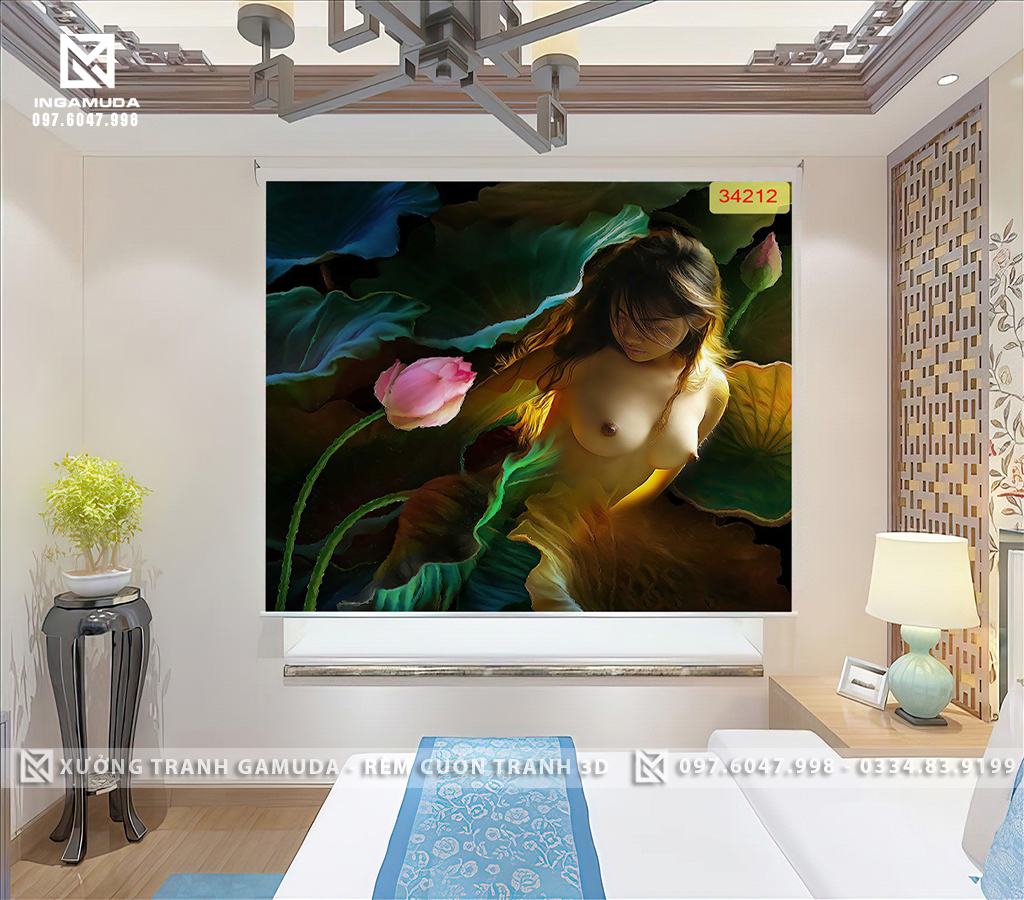 Rèm cuốn tranh 3D hình cô gái gợi cảm với các đường cong mềm mại quyến rũ nghệ thuật tranh rèm cuốn cho nhà nghỉ sản xuất tại xưởng rèm gamuda