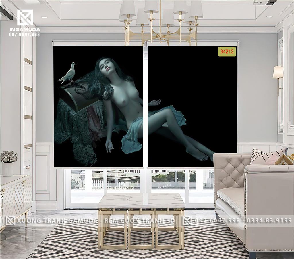Rèm cuốn tranh 3D hình cô gái gợi cảm với các đường cong mềm mại quyến rũ nghệ thuật tranh rèm cuốn cho nhà nghỉ khách sạn rẻ đẹp sản xuất tại xưởng rèm gamuda