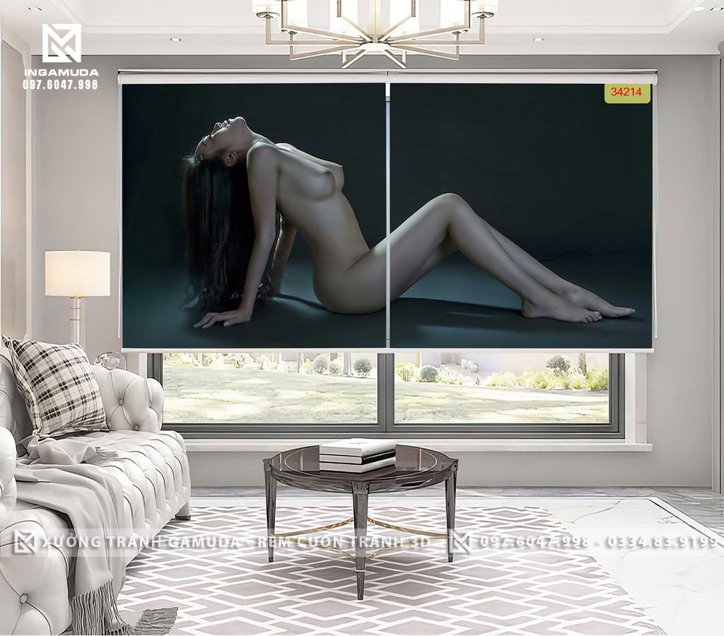 Rèm cuốn tranh 3D hình cô gái gợi cảm với các đường cong mềm mại quyến rũ nghệ thuật tranh rèm cuốn cho nhà nghỉ khách sạn rẻ đẹp sản xuất tại xưởng rèm gamuda