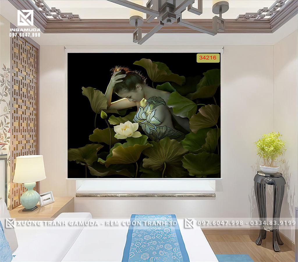 Rèm cuốn tranh 3D hình cô gái gợi cảm với các đường cong mềm mại quyến rũ nghệ thuật tranh rèm cuốn cho nhà nghỉ khách sạn