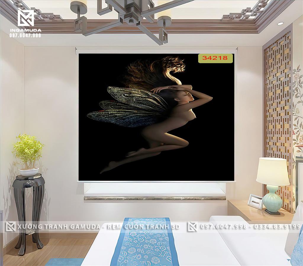 Rèm tranh 3D cô gái gợi cảm quyến rũ hoa sen nghệ thuật ảnh khỏa thân rèm cuốn cho nhà nghỉ khách sạn