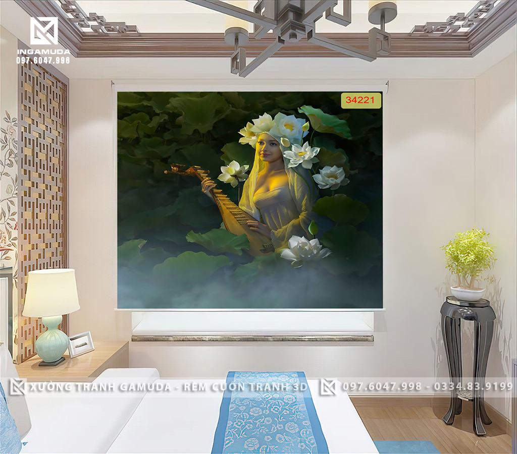Rèm tranh 3D cô gái gợi cảm hoa sen nghệ thuật rèm cuốn cho nhà nghỉ khách sạn